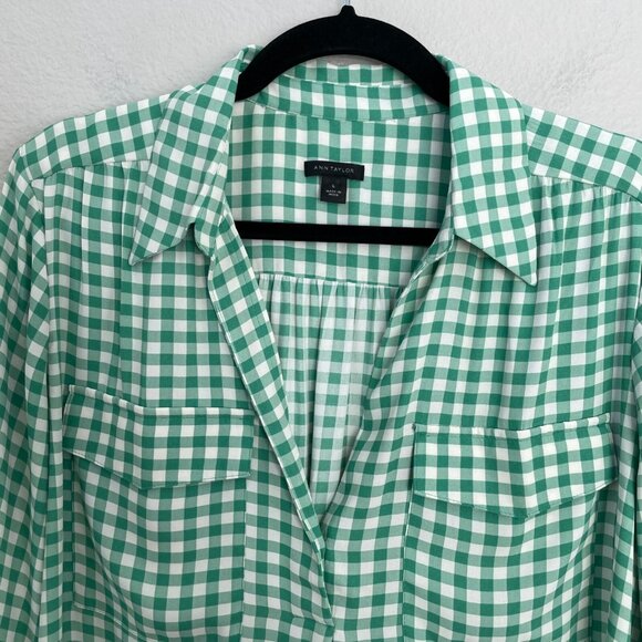 Ann Taylor Womens Large Green White Gingham Long Sleeve Blouse Shirt Top - Picture 11 of 13